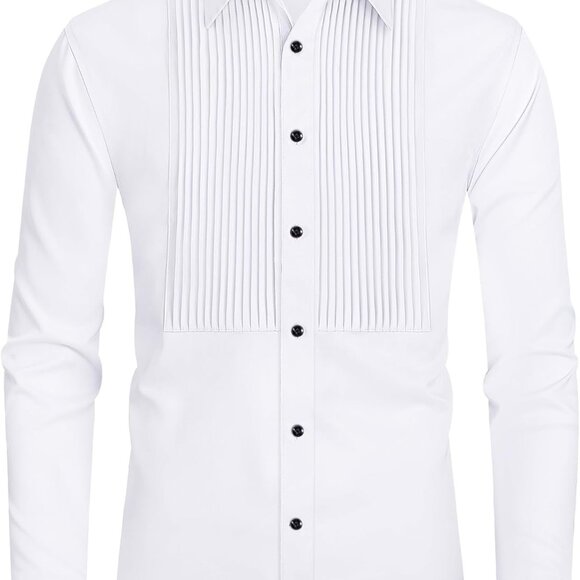 Luxury White Tuxedo Shirt with Pleated Design - Mens Dress Shirt in Medium - Picture 1 of 5